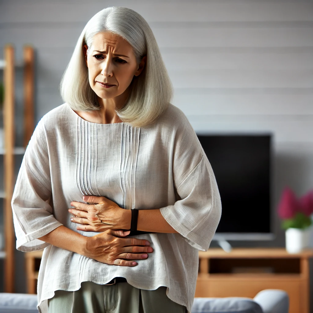 Image of greying middle age woman with gut problems